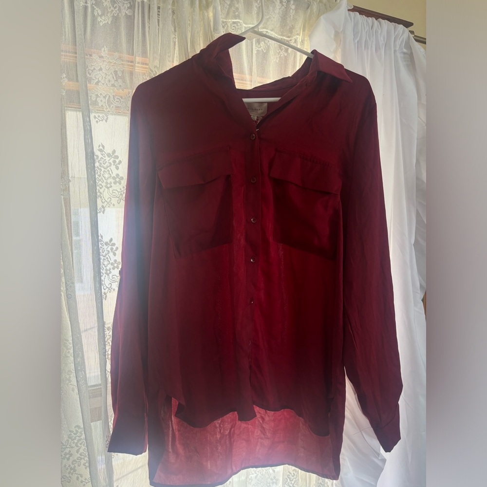 Flowy deep red long sleeve button up blouse